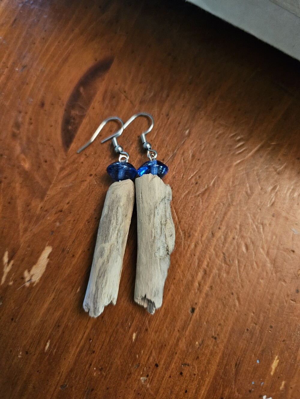 OOAK Handcrafted Blue Glass & Driftwood Dangle Earrings